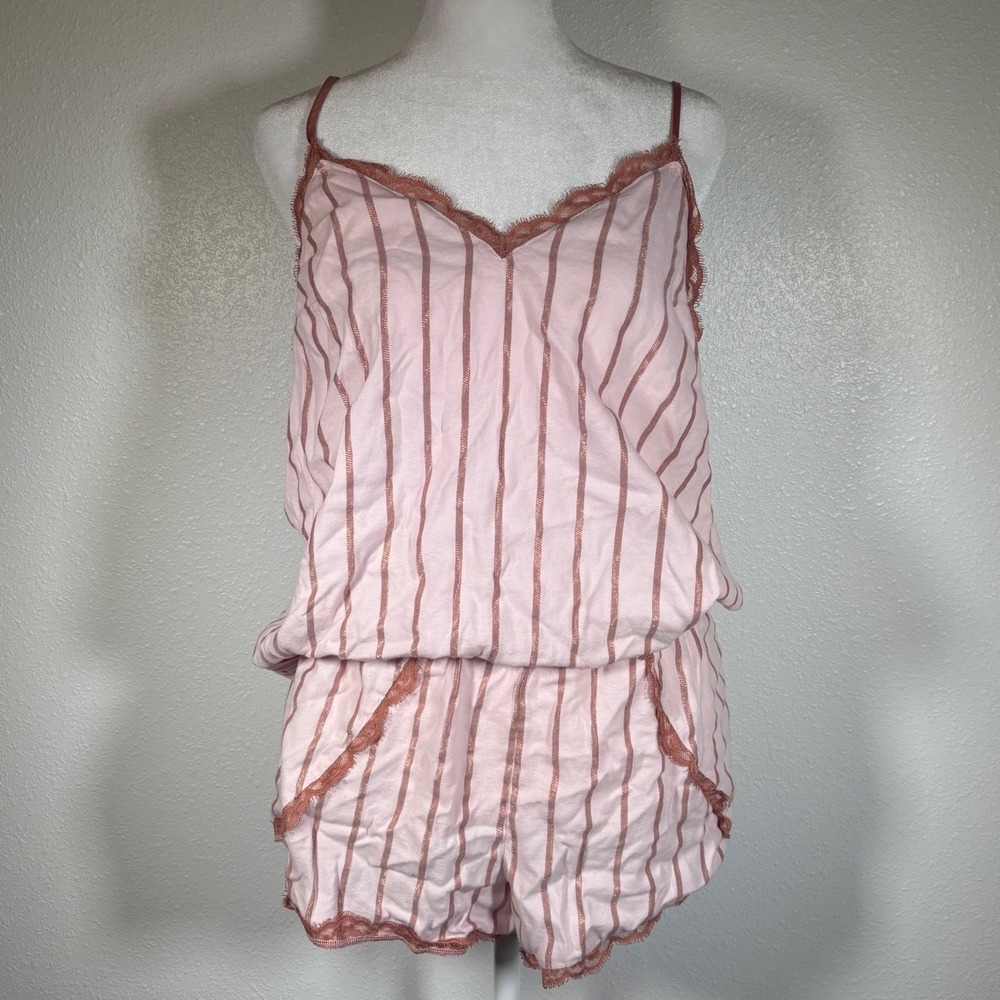 Victoria's Secret Pink Rose Gold Striped Lace Cami and Shorts Pajama Set Tank L